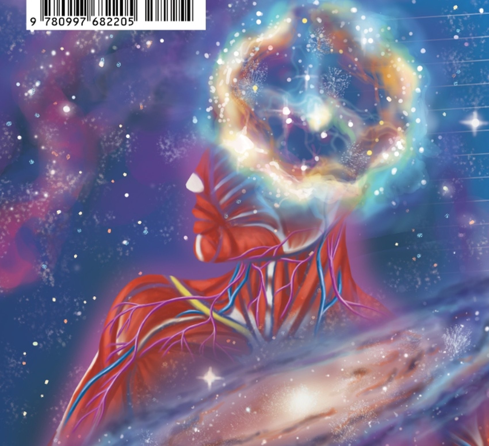 Detail from the reverse of the jacket: a flayed anatomical figure whose head is a ring nebula, standing in violet deep space with a spiral galaxy across the chest.